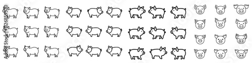 A group of black-and-white pigs set against a white backdrop.