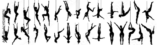 A set of black silhouettes depicting girls practicing aerial yoga. Character shadow art.