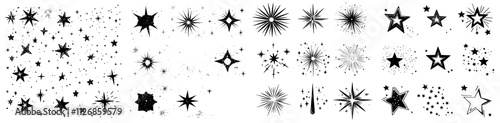 Stars sparkle and twinkle, bursting and flashing against black silhouettes. A modern collection of isolated shining lights and bright star sparks with glowing rays and flare effects. Magical glints