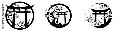 A Japanese Shinto temple's torii gate stands gracefully among sakura blossoms, captured in an elegant modern black and white Asian circle design.