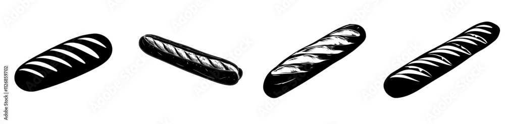 A modern, isolated, single long loaf of wheat bread, such as a baguette or ciabatta, depicted in a colorless black-and-white outline silhouette with a shadow shape. A modern, isolated, single long loaf of wheat bread, such as a baguette or ciabatta, depicted in a colorless black-and-white outline silhouette with a shadow shape.
