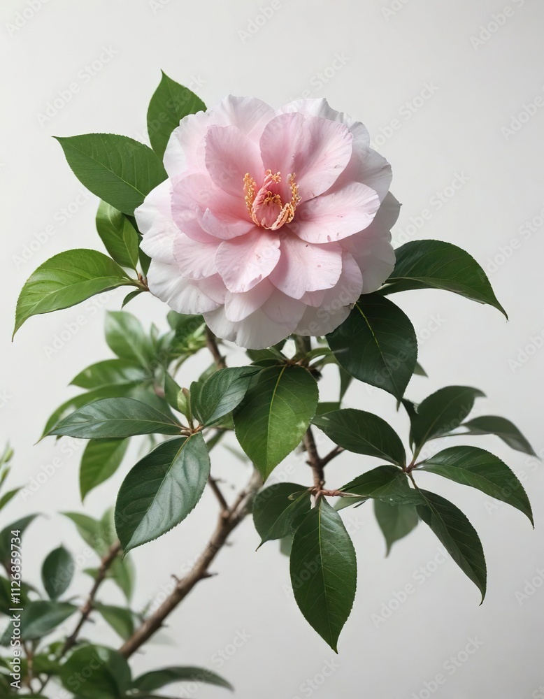 A delicate pink and white camellia flower blooming on its own amidst lush greenery on a white background, white petals, flower details, single bloom A delicate pink and white camellia flower blooming on its own amidst lush greenery on a white background, white petals, flower details, single bloom