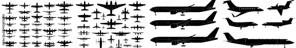 Monochrome silhouettes of passenger airplanes in a modern flat illustration, depicted from various angles. Monochrome silhouettes of passenger airplanes in a modern flat illustration, depicted from various angles.