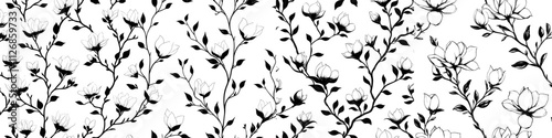 A seamless pattern featuring magnolia flowers, designed with silhouettes of magnolia branches in a modern black and white style.