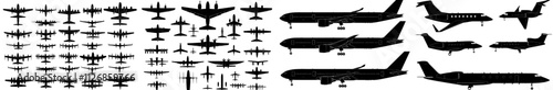 Monochrome silhouettes of passenger airplanes in a modern flat illustration, depicted from various angles.