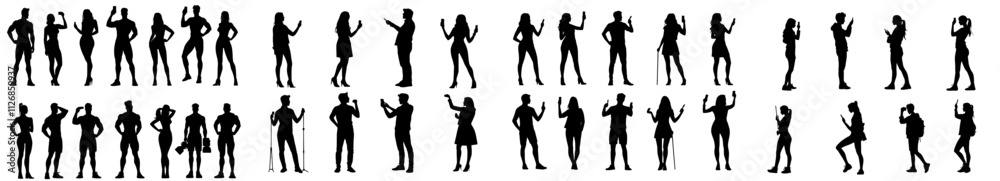 Obraz premium Back and side views of various people standing and walking, featuring both male and female characters in modern monochrome illustrations. These icons are isolated on a transparent background.