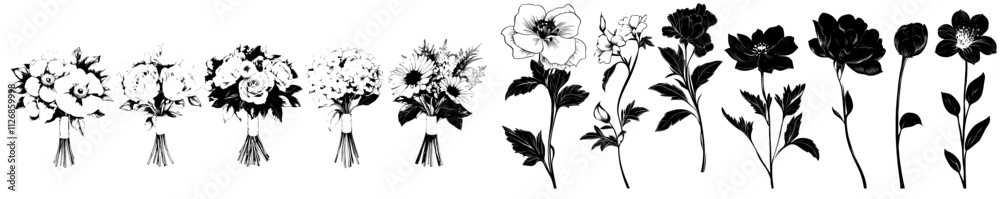 A modern illustration of an elegant flower bouquet, featuring hand-drawn wildflowers in black on a white background, with a floral decoration silhouette. A modern illustration of an elegant flower bouquet, featuring hand-drawn wildflowers in black on a white background, with a floral decoration silhouette.