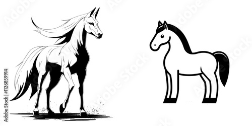 Contemporary horse logo. Modern standing stallion logo. Black and white design for a horse logo.