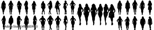 Outlines of various women standing, walking, and viewed from the front, side, and back. Modern monochrome illustrations of female characters in back view, depicted as icons isolated on a white