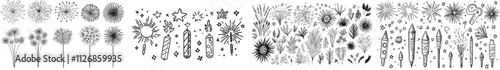 A collection of monochrome icons featuring fireworks bursting with fire and sparks, including a thin black outline of a firecracker rocket, a star explosion, and circular sun rays, all in a modern