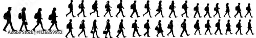 Profiles of diverse individuals strolling, featuring contemporary men and women in smart casual attire carrying bags, phones, and backpacks. These modern black monochrome illustrations are isolated