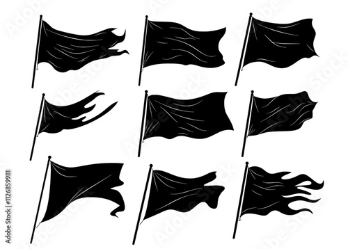 Monochrome silhouettes of medieval and antique flags, depicted as isolated modern triangular banners, wave on flagpole sticks resembling retro pennant black flags or old-fashioned navigation pin map