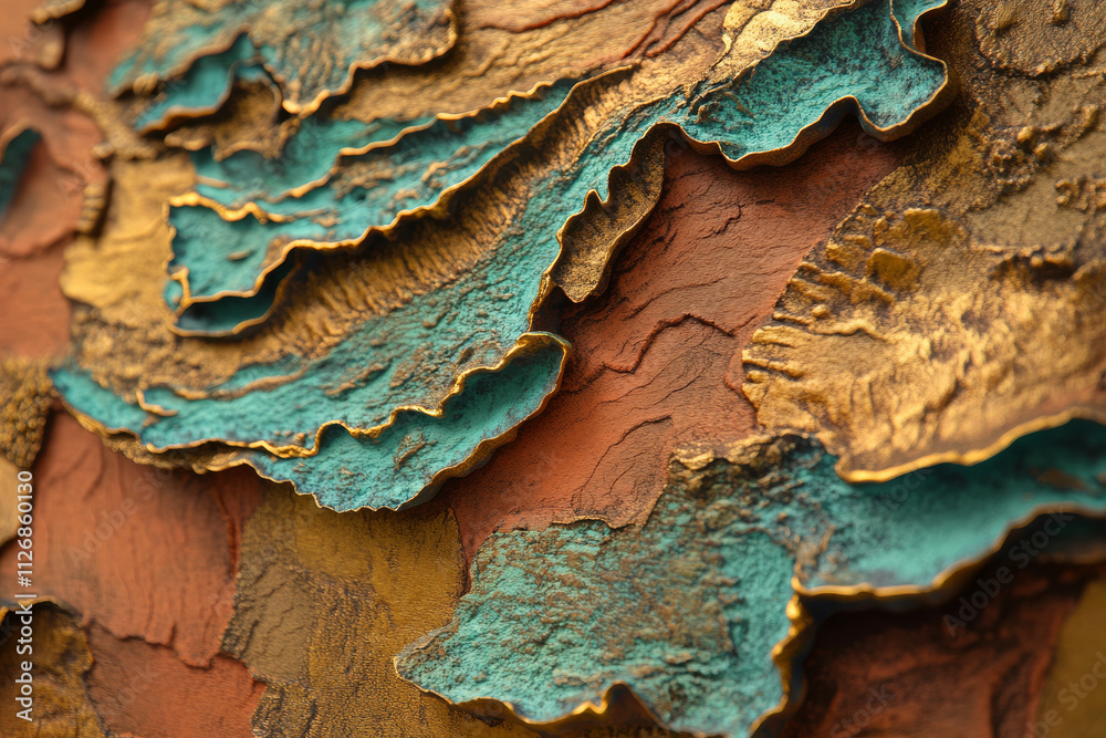 Naklejka premium Abstract colorful wall art with layered textures of turquoise, coral, and gold, resembling natural mineral patterns.