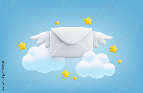 Vector cartoon 3d fast mail concept. Realistic 3d render flying envelope with wings, clouds and stars. New message notification, express email delivery sign. Cute letter for web, email services app