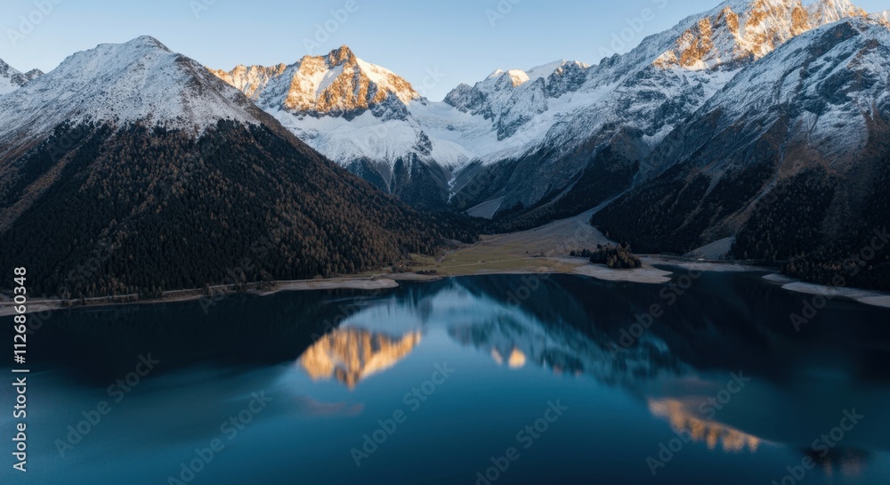 Obraz premium Majestic mountain reflection in serene lake at dusk