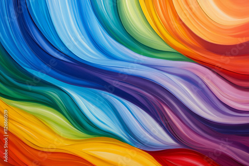 Abstract colorful wall art of flowing rainbow lines forming an energetic wave across the canvas. photo