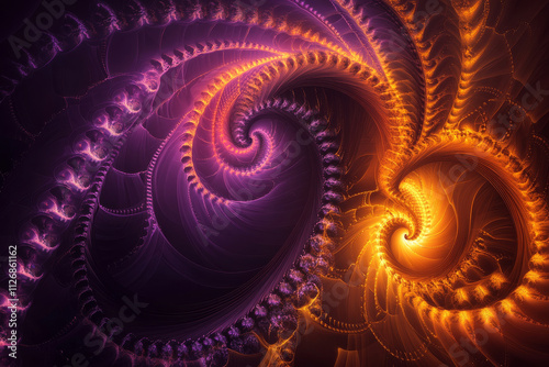 A neon background featuring smooth spirals of orange and violet light, creating a hypnotic visual effect.