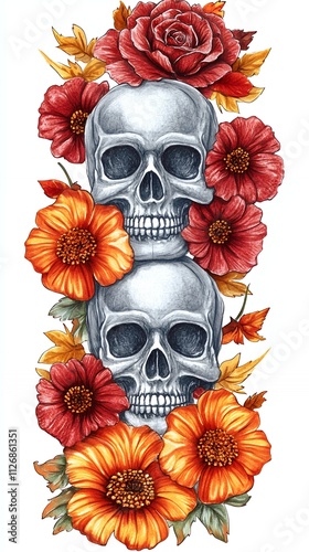 Colorful floral skull design featuring vibrant flowers and detailed skulls