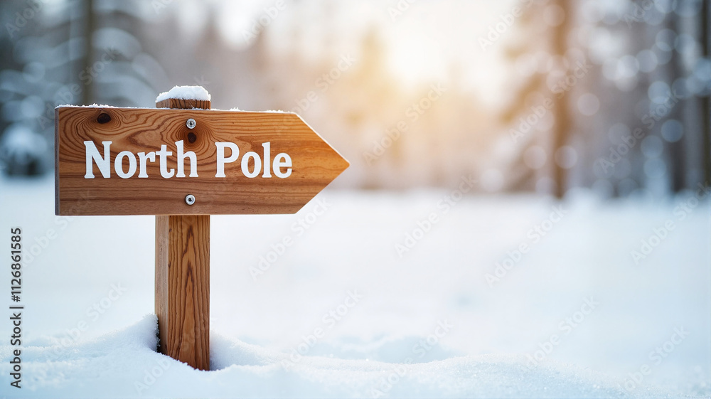 Naklejka premium Directional North Pole wooden sign in snowy field