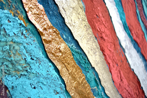 Abstract colorful wall art with layered textures of turquoise, coral, and gold, resembling natural mineral patterns.