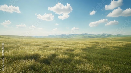 A serene landscape featuring rolling hills and a clear blue sky with fluffy clouds.