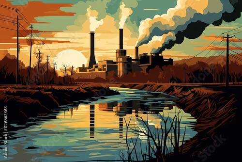 Horizontal stylized illustration industrial part of city with factories at sunset.
 photo