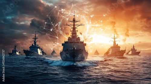 Fototapeta Naklejka Na Ścianę i Meble -  A photograph of a naval fleet with ships connected by digital network overlays representing advanced communication and coordination systems with copy space at the bottom for text or branding