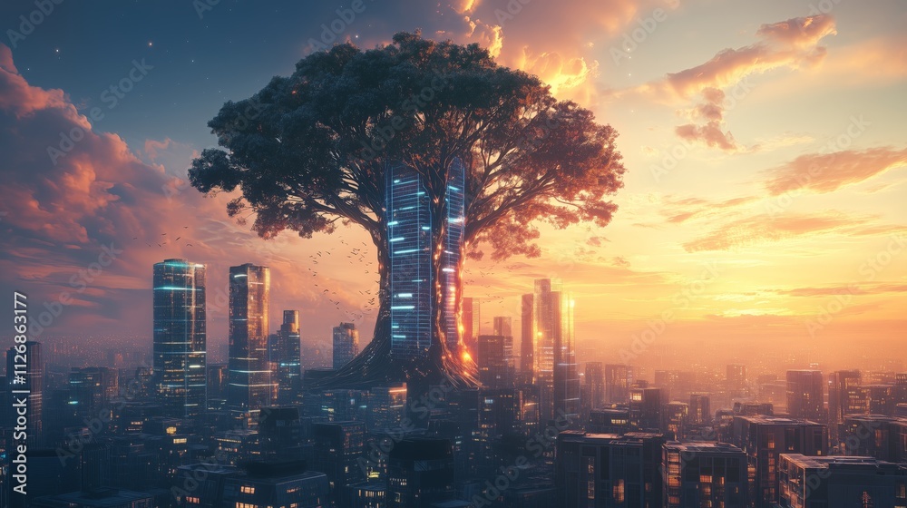 Fototapeta premium Solar-powered giant trees in a futuristic urban landscape