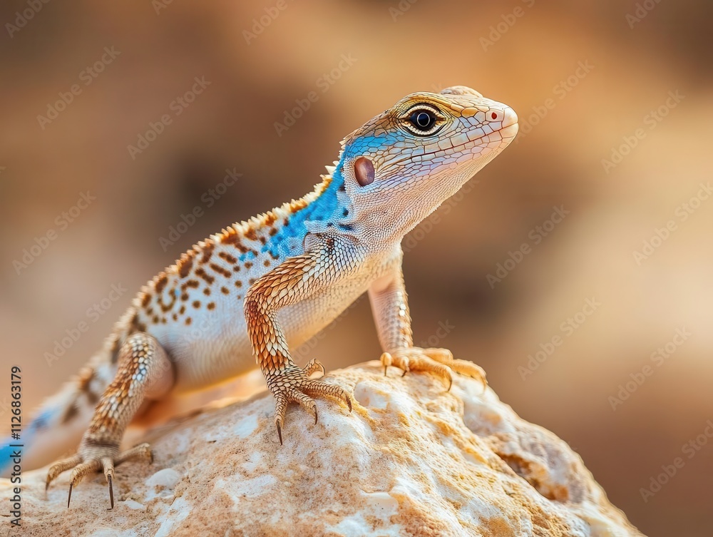 Lizard standing on rock with vibrant scales, soft lighting, peaceful desert atmosphere Lizard standing on rock with vibrant scales, soft lighting, peaceful desert atmosphere