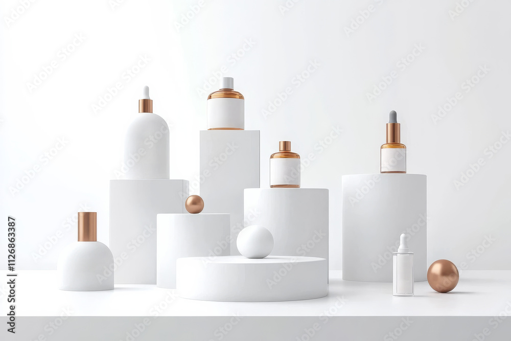 A clean, minimalistic 3D render of a product display pedestal, with smooth, elegant curves and a modern design, suitable for showcasing cosmetics products. A clean, minimalistic 3D render of a product display pedestal, with smooth, elegant curves and a modern design, suitable for showcasing cosmetics products.