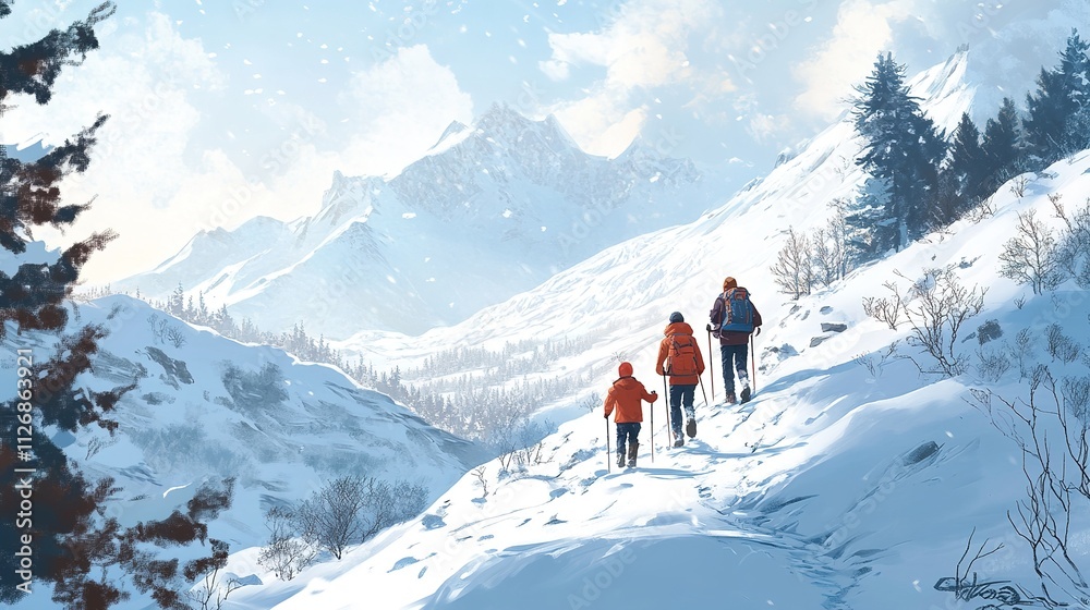 A family trekking through snow-covered landscapes on a winter hiking trip A family trekking through snow-covered landscapes on a winter hiking trip