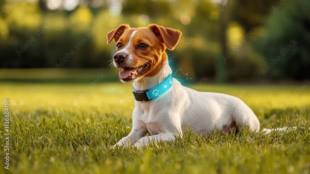 Photograph of a happy dog wearing a smart collar connected to a digital network with glowing lines representing pet tracking set against a peaceful park background with ample copyspace Photograph of a happy dog wearing a smart collar connected to a digital network with glowing lines representing pet tracking set against a peaceful park background with ample copyspace