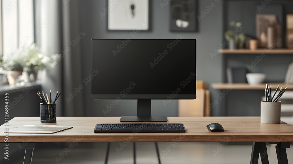 Modern minimalist workspace with black computer and accessories Modern minimalist workspace with black computer and accessories