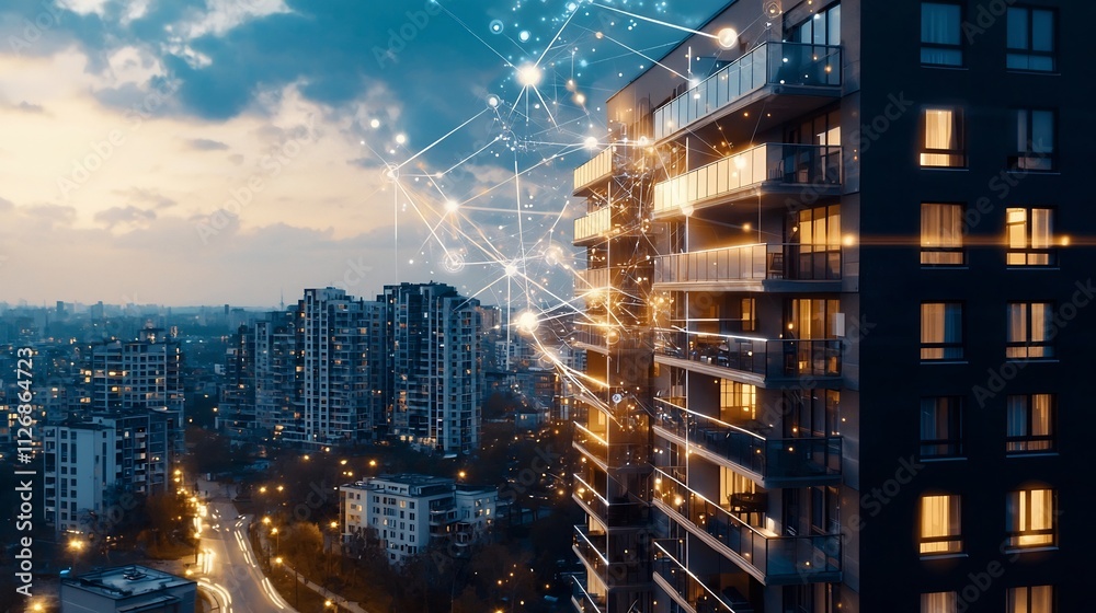 Obraz premium Photograph of a modern pet friendly apartment building featuring a network of integrated smart systems and amenities including security energy management and pet care solutions