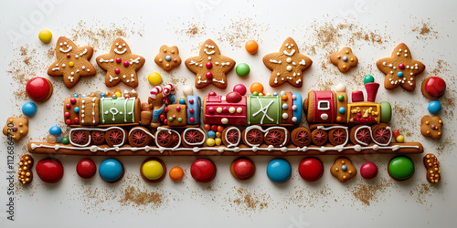 Christmas gingerbread train with candy canes and festive decorations