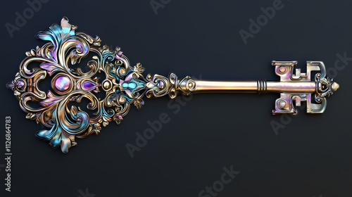 An ornate, iridescent key with a whimsical, fairytale-like quality. Opalescent. Illustration photo