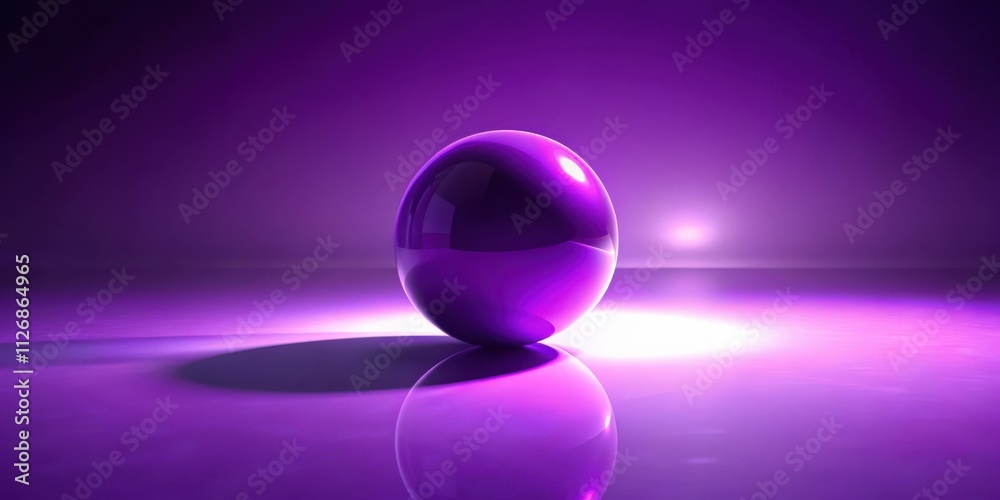 A single glossy purple sphere rests on a reflective surface bathed in an ethereal purple glow. A single glossy purple sphere rests on a reflective surface bathed in an ethereal purple glow.