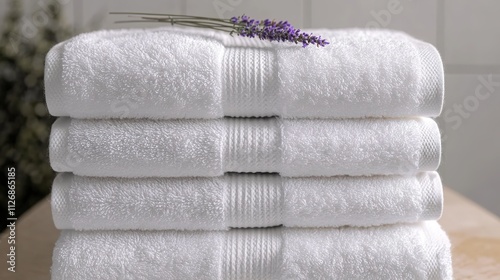 close-up of stacked white towels with single lavender sprig on top under soft natural light photo