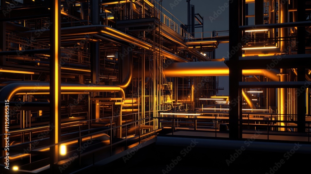 A futuristic industrial scene with illuminated pipes and structures in a dark environment. A futuristic industrial scene with illuminated pipes and structures in a dark environment.