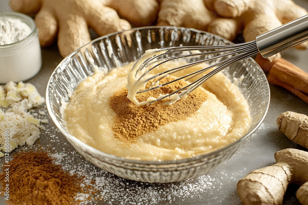 A bowl of batter with ginger and spices, preparing for baking. A bowl of batter with ginger and spices, preparing for baking.