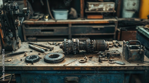 Disassembled rusty mechanical parts on workbench.