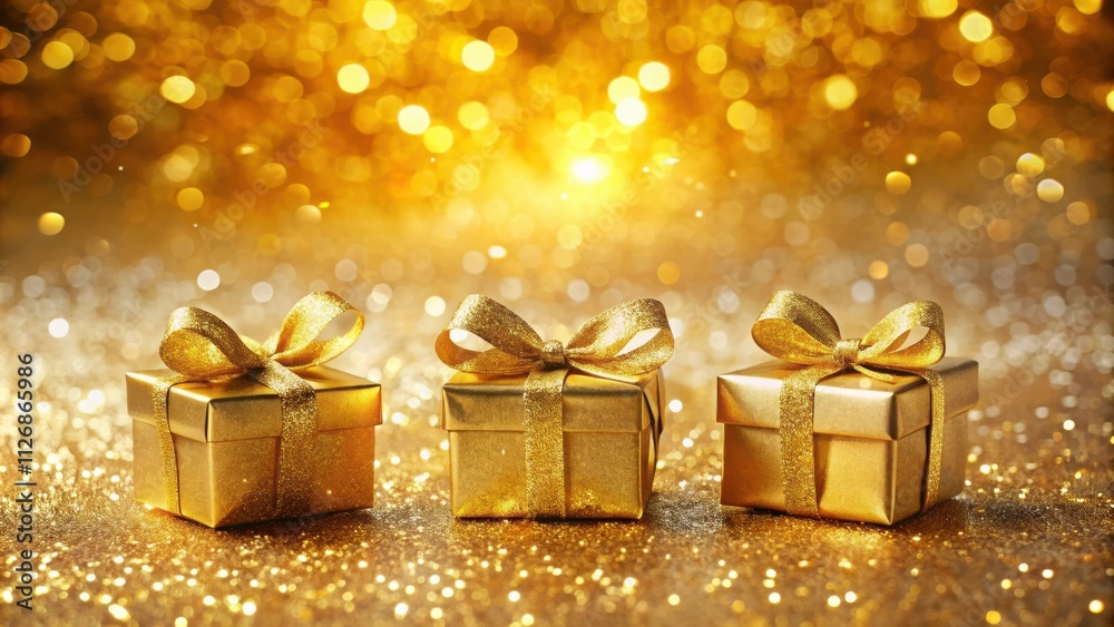 Three golden gift boxes with elegant bows, adorned with sparkling glitter, against a background of shimmering golden bokeh. Three golden gift boxes with elegant bows, adorned with sparkling glitter, against a background of shimmering golden bokeh.