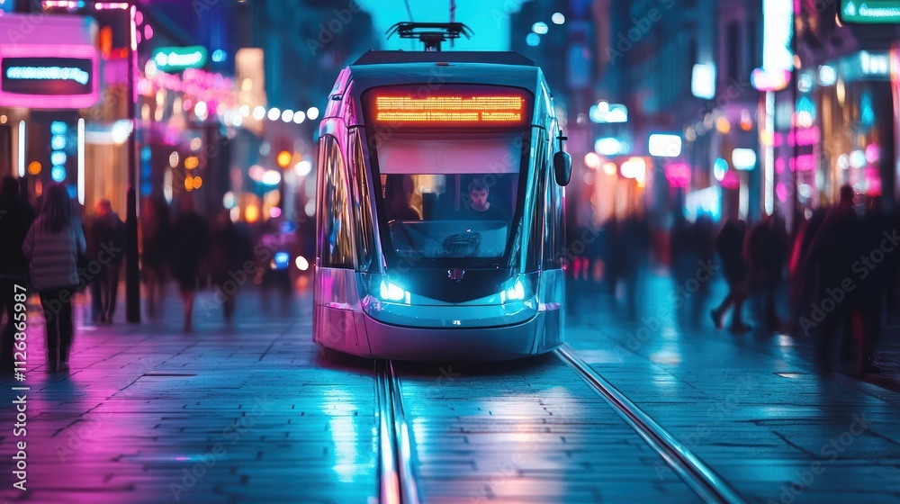 Naklejka premium A modern tram travels through a vibrant, illuminated city street at dusk.