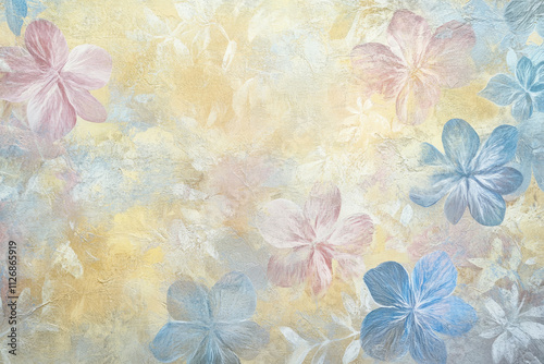 A pastel background of abstract floral patterns in light yellow, baby blue, and soft pink on a textured surface. photo