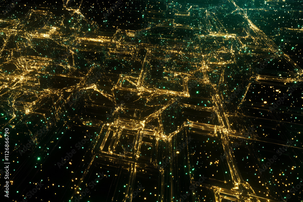 An abstract digital background of glowing digital networks in gold and green, forming a web-like futuristic aesthetic.