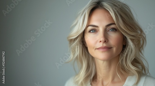 Woman with blonde hair and blue eyes