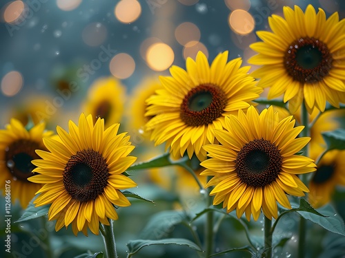 there are many yellow sunflowers in a field with a blurry background. photo