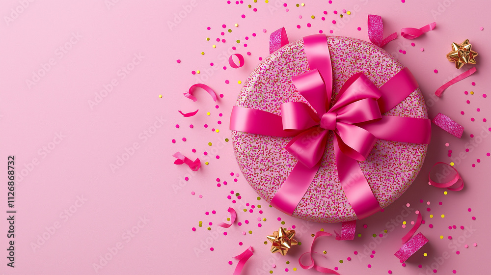 ound gift box decorated with pink glitter and topped with a large pink ribbon bow surrounded by confetti, ribbons, and a golden bow on a pastel pink background ound gift box decorated with pink glitter and topped with a large pink ribbon bow surrounded by confetti, ribbons, and a golden bow on a pastel pink background
