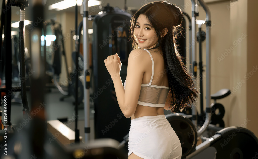 Fototapeta premium woman in gym smiling while looking back, showcasing fitness and confidence. background features gym equipment, emphasizing healthy lifestyle