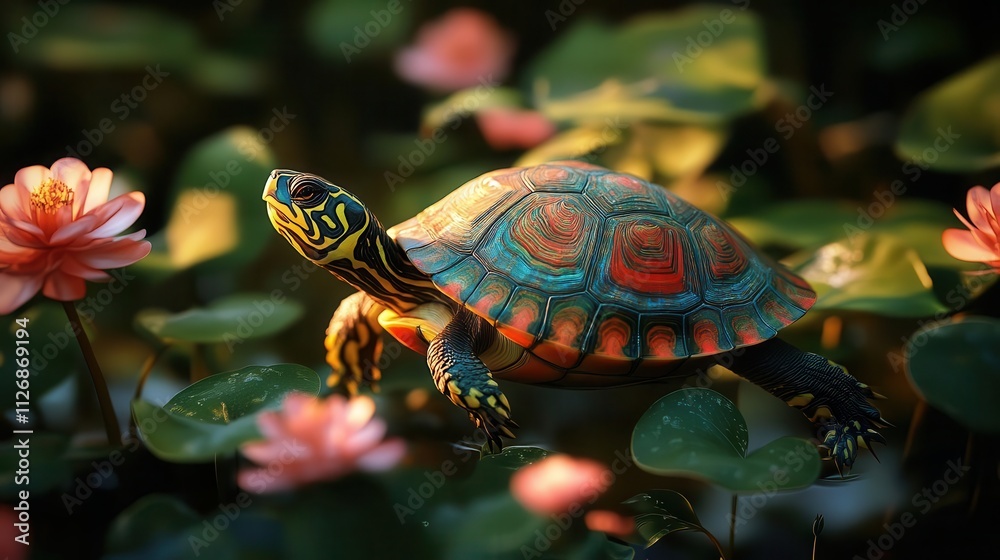 Turtle walking with vibrant shell, soft lighting, peaceful garden setting Turtle walking with vibrant shell, soft lighting, peaceful garden setting